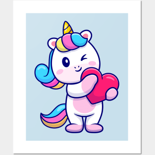 Cute Unicorn Holding Heart Cartoon Posters and Art